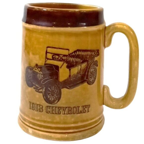 Vintage Pair of Ceramic Beer Mugs Tan & Brown Collectable Old Cars Made in Japan - Picture 5 of 6